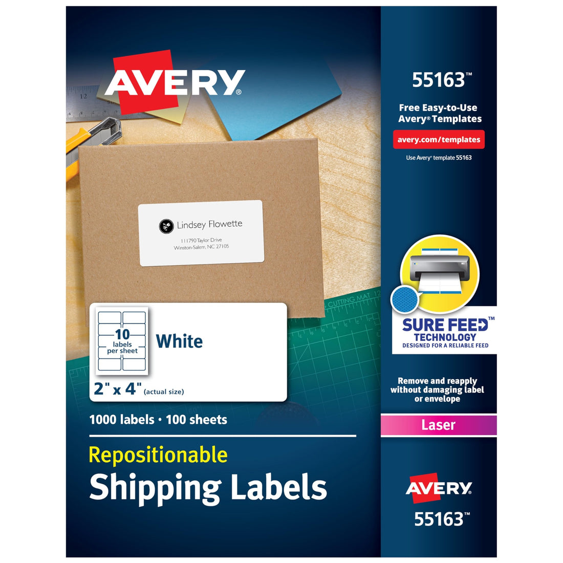 Avery Repositionable Shipping Labels for Laser Printers 2 x 4, Box of 1,000 55163 One Size